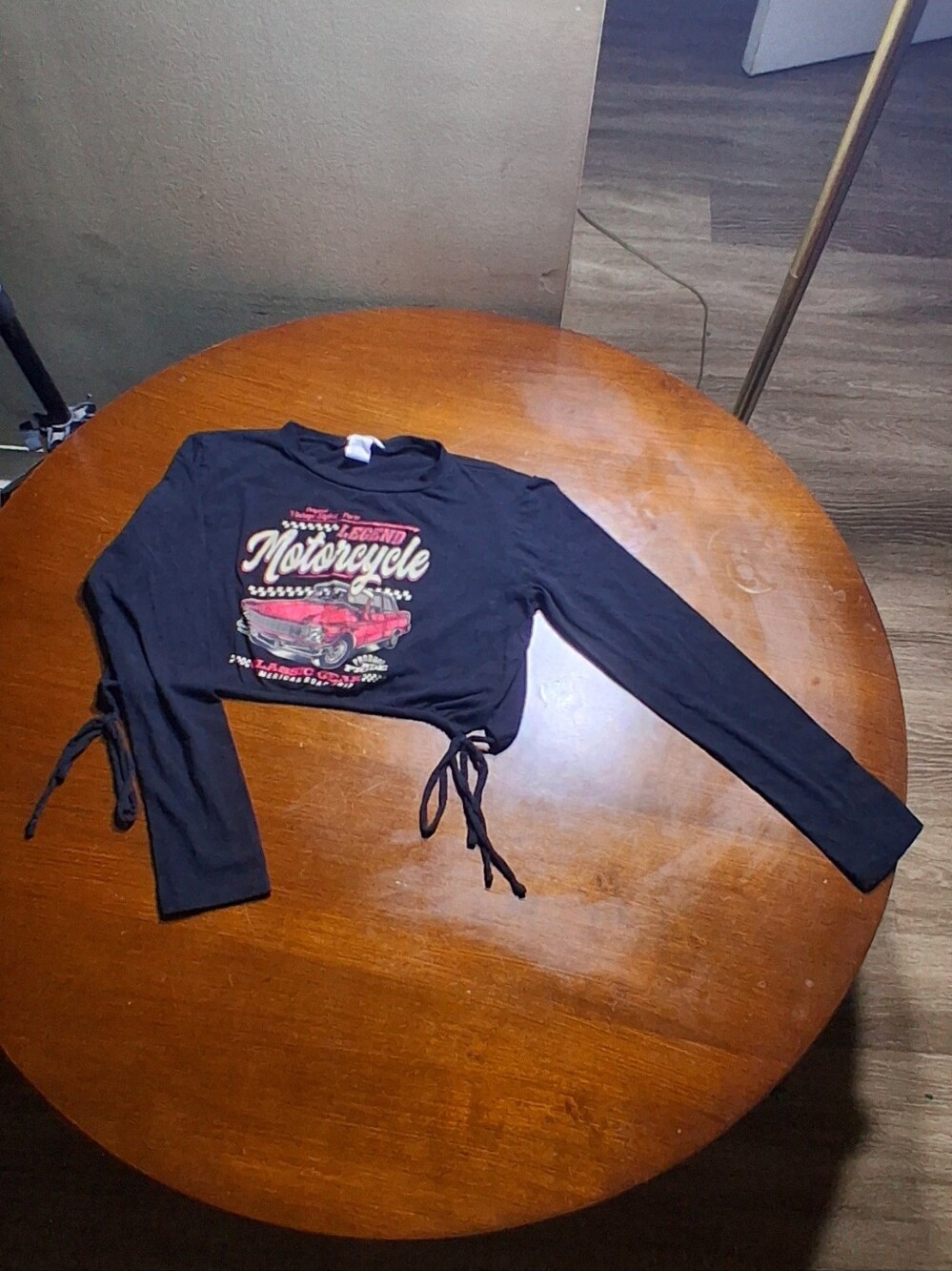 TeenBell Black Motorcycle Graphic Tie-Side Long Sleeve Tee with Red Accent